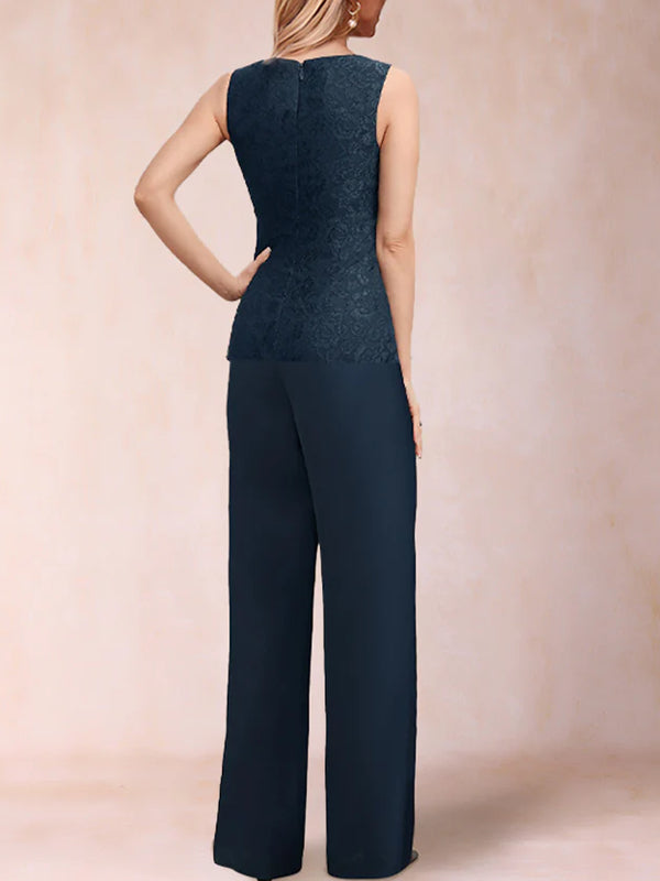 Chiffon Scoop Long Sleeves 3 Pieces Pantsuits with Applique & Jacket