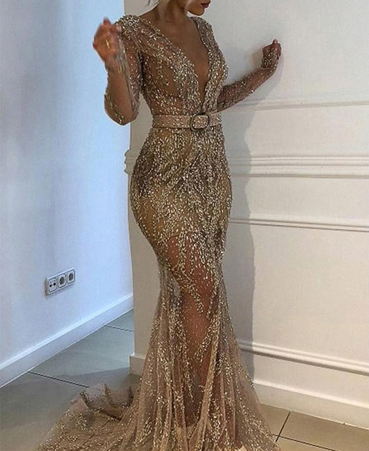 loveedsTM- Sexy Deep V Long Sleeve Fishtail Evening Dress