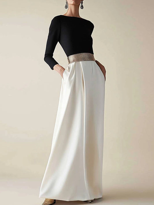 Semiformal Party Dress Black White Diamond Belt Long Sleeves Long Dress