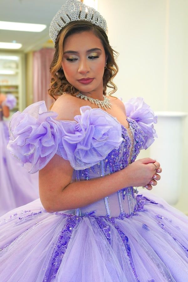 Charming Ball Gown Off-The-Shoulder Appliques Purple Tulle Sweet 16 Dress, Quinceanera Dress SH2638