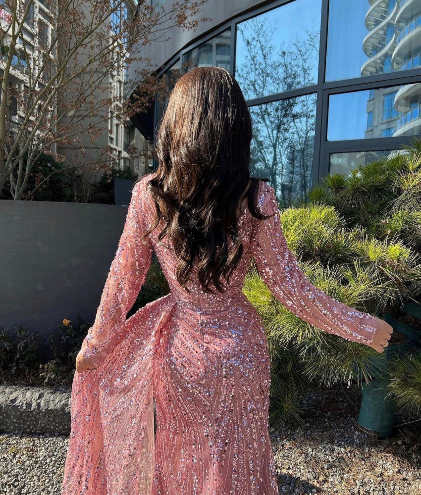 Long sleeved sequins a line prom dress shiny pink evening gown with slit gh2751