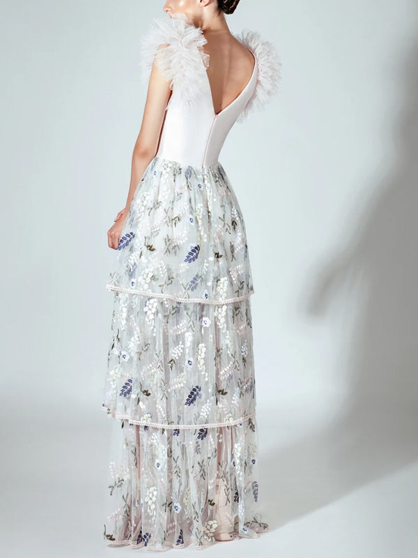 V-neck Sleeveless Mesh Maxi Dress