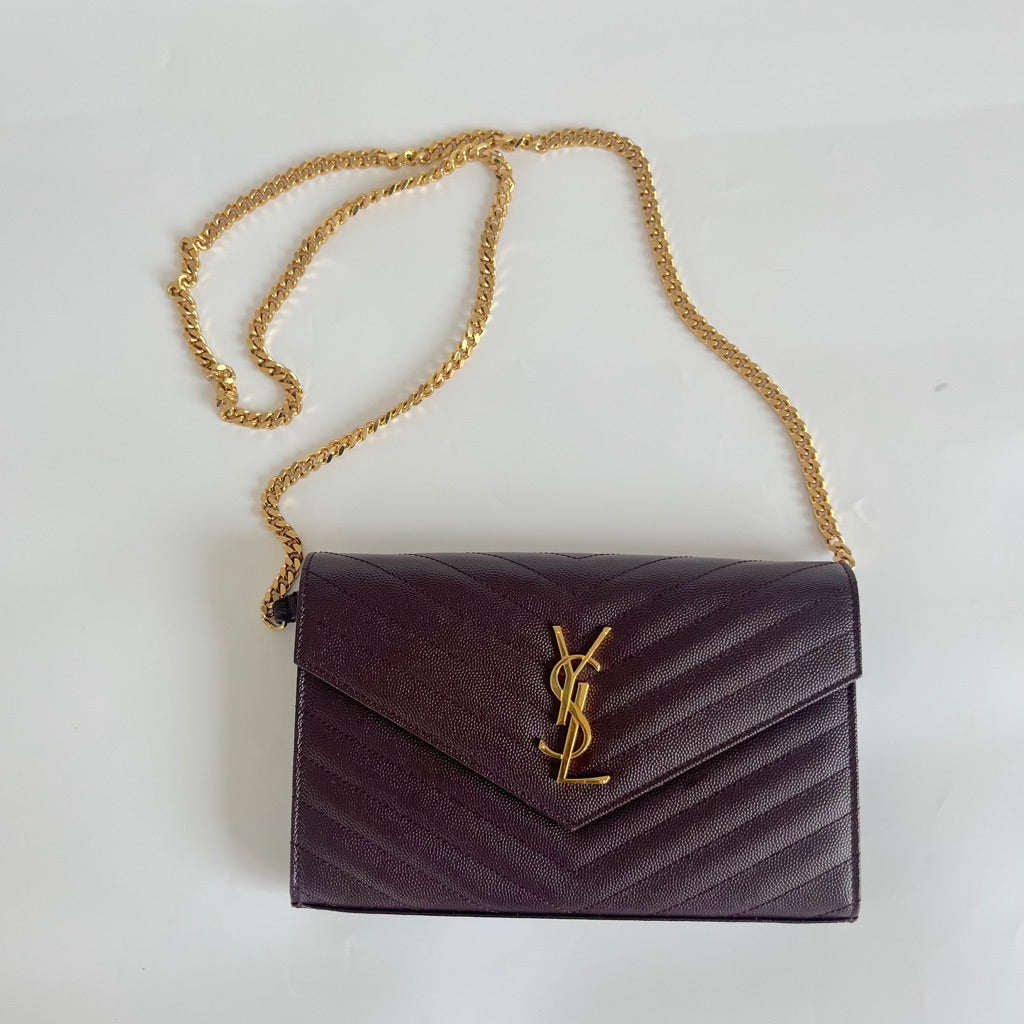 Saint Laurent burgundy Cassandre Chain Wallet in Matelassé Leather