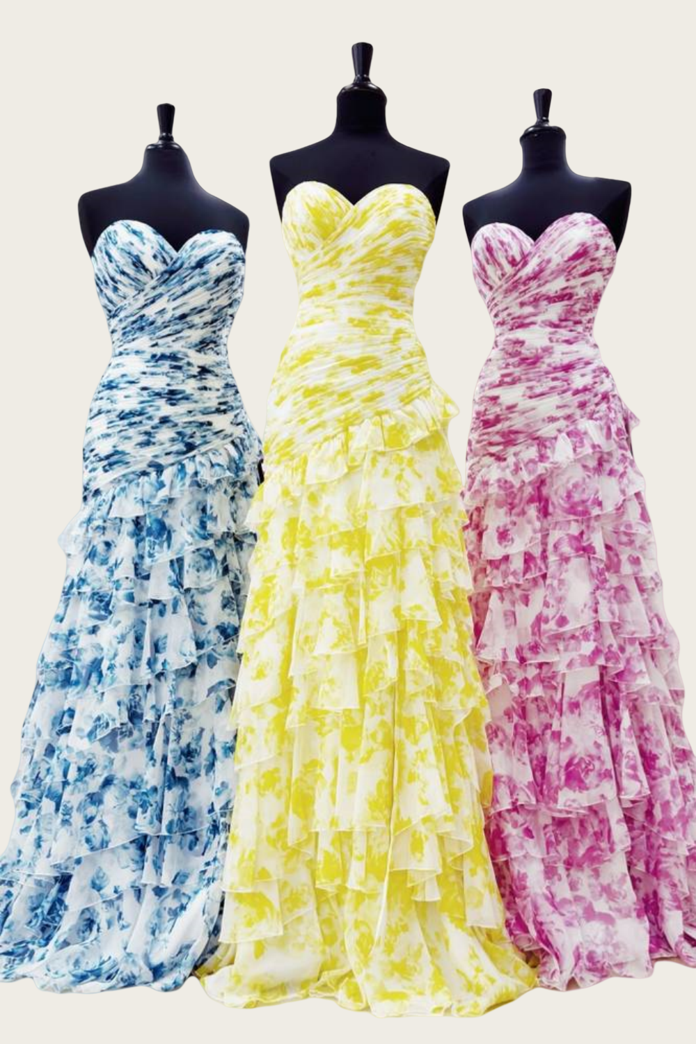 Elegant Floral Printed Tiered Long Formal Dress with Slit