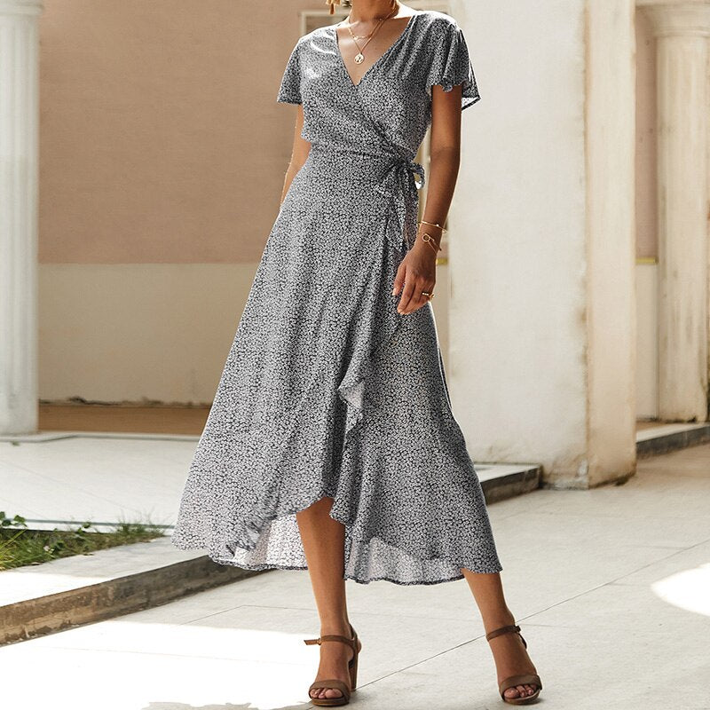 loveedsTM-Summer Vacation Holiday Dress Boho Green Printed Sashes Ruffles Bohemian Midi Dress V-Neck Irregular Short Sleeve Sundress