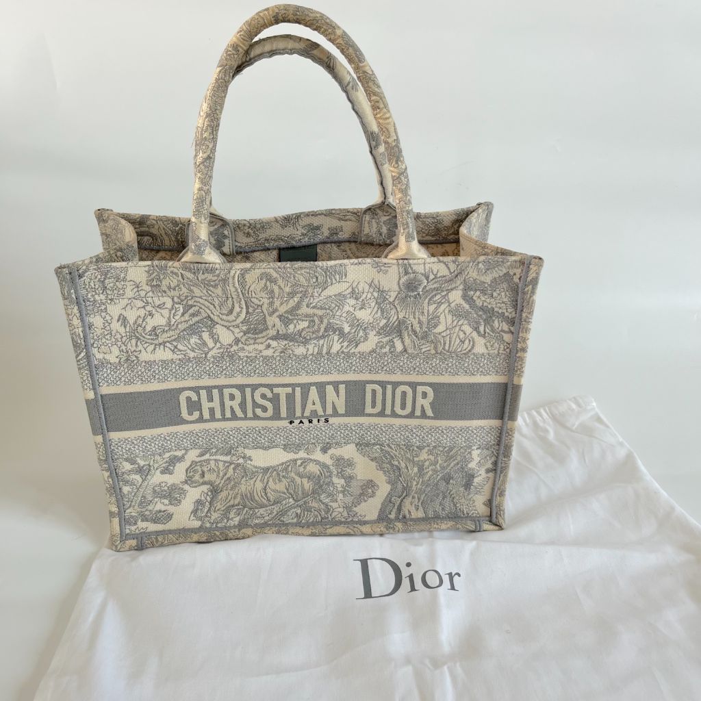 Dior Grey/White Embroidered Canvas Medium Book Tote