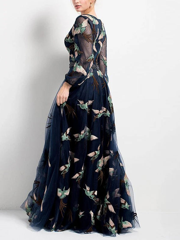 V-neck Mesh Print Maxi Dress