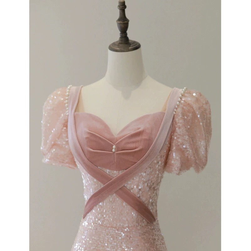 Princess A line Pink Short Sleeves Sequin Long Prom Dresses P1007