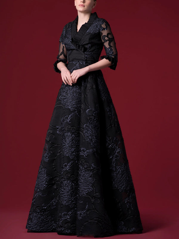 V-neck Lace Solid Color Maxi Dress