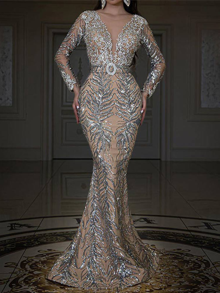 loveedsTM-Women Luxury Gilding Sequins Long Dresses V-Neck Long Sleeve Bodycon Fishtail Maxi Dress Summer Lady Elegant Party Evening Dress