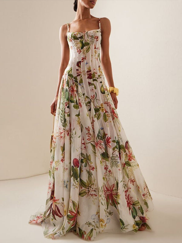 White Suspender Print Maxi Dress