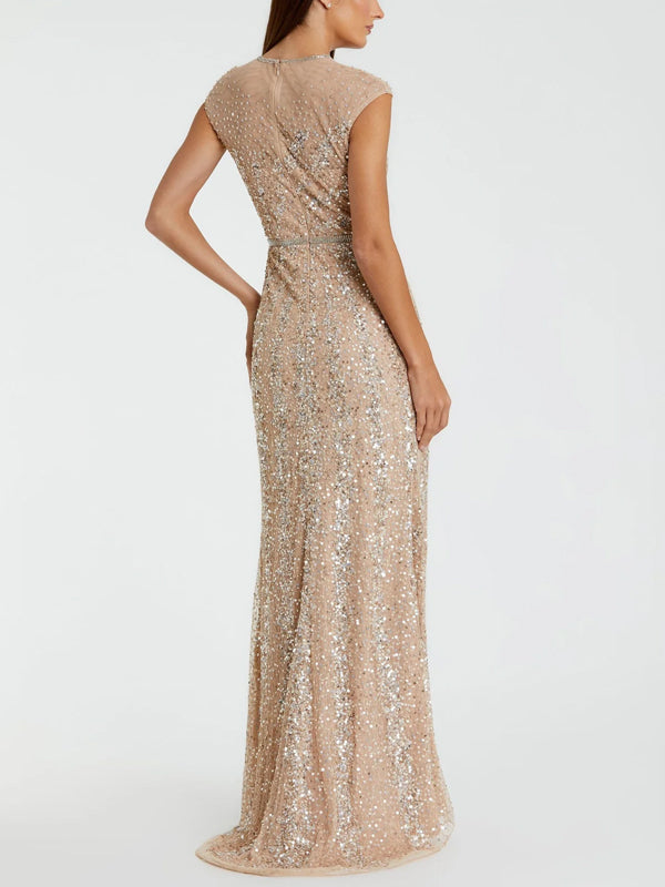 Round Neck Solid Color Sequins Maxi Dress