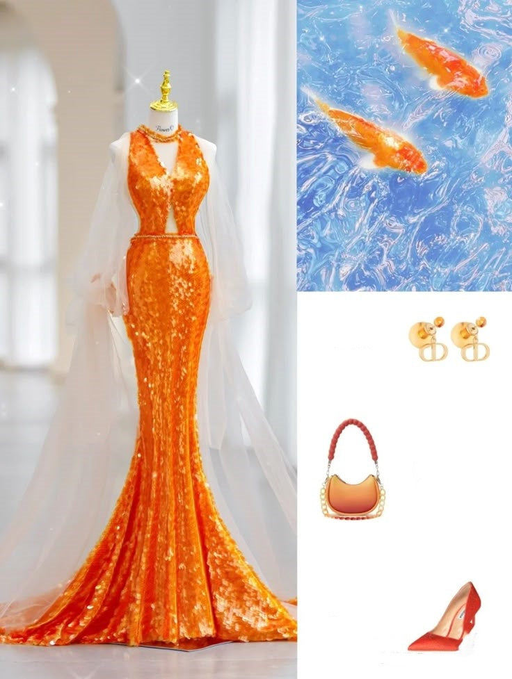 Orange Gorgeous Shiny Elegant Long Sleeve Tulle Long Sequin Mermaid Slim Ball Gown Evening Dress Party Dress gh3386