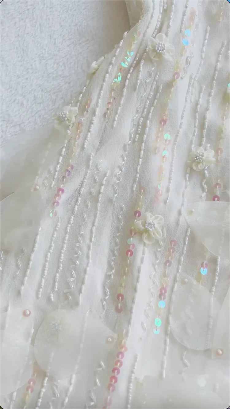 Gorgeous A Line Spaghetti Strap Beaded Sequin Ivory Chiffon Prom Dress Evening Dress SH2245