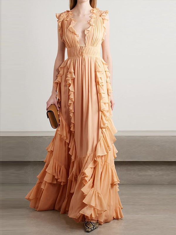 Orange V-neck Sleeveless Solid Color Maxi Dress