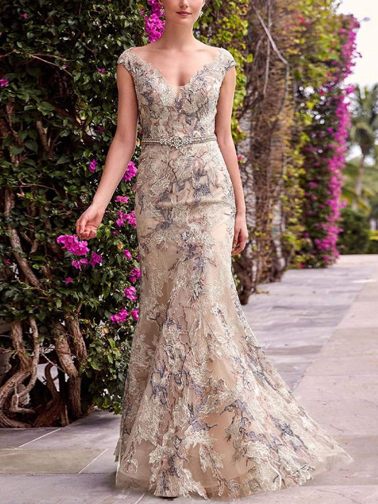 V-neck Lace Mesh Maxi Dress