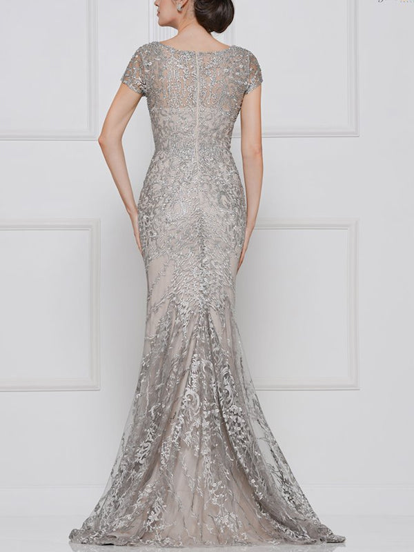 V-neck Short Sleeve Lace Solid Color Maxi Dress