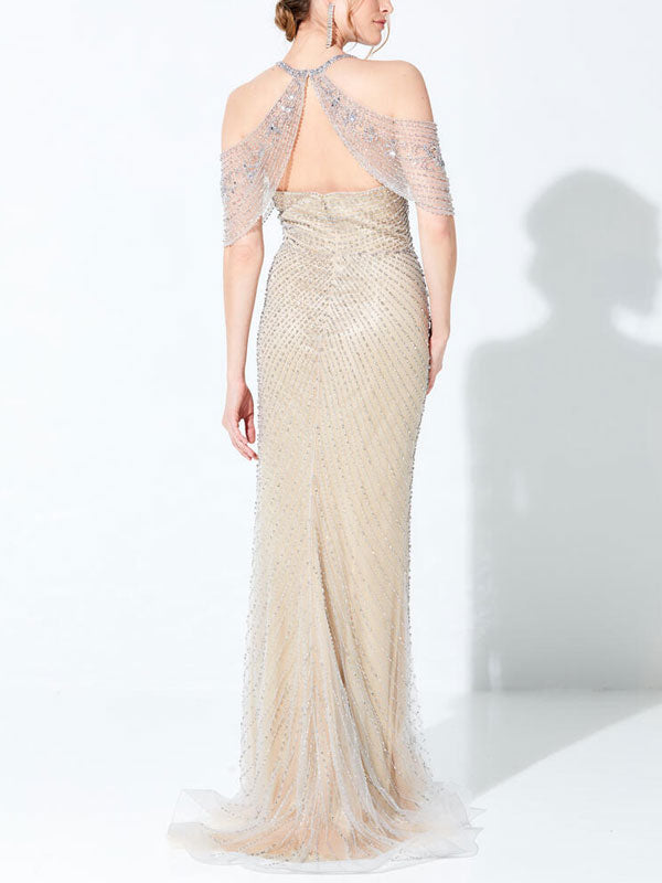 Off-the-shoulder Beaded Tulle Bodycon Dress