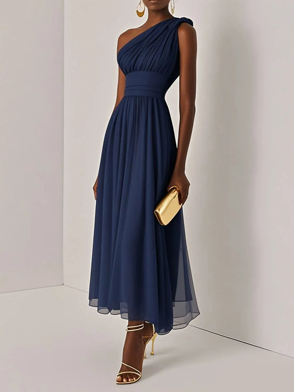 Ruched Chiffon One Shoulder Sleeveless A-Line Maxi Dress