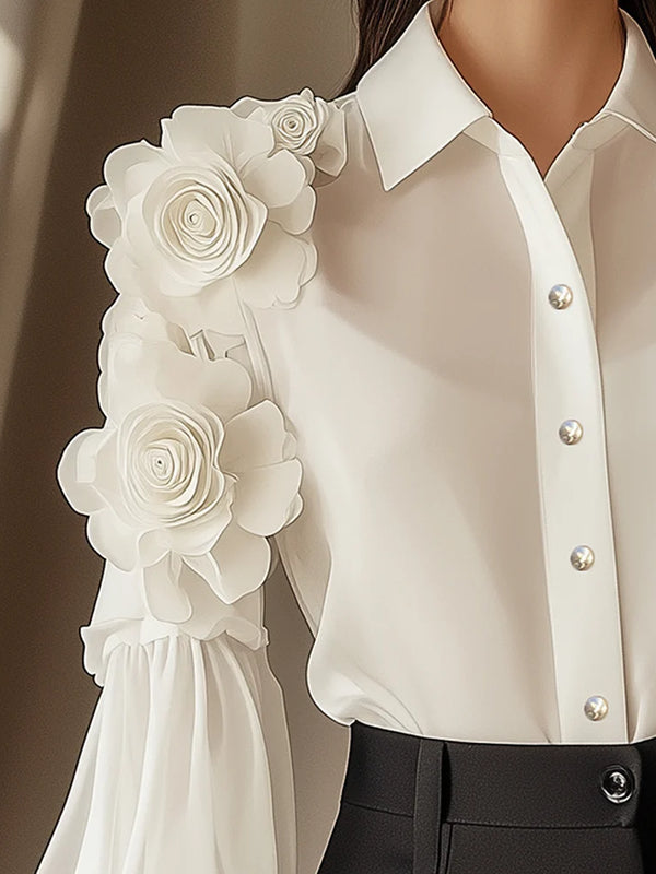 White Chiffon Blouse With 3D Flower Decoration On Sleeves
