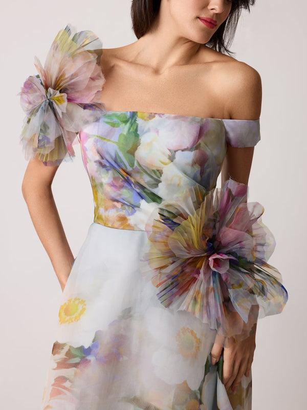 Organza Watercolor Off Shoulder 3D Flower Gown