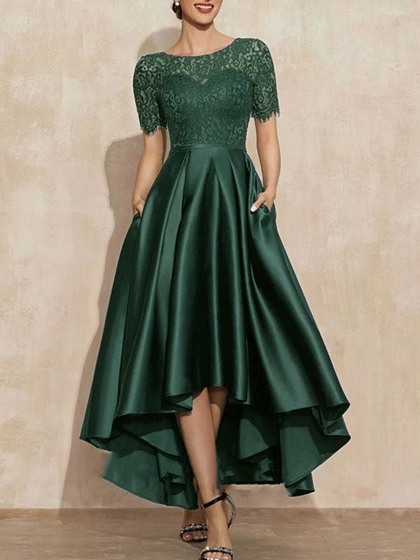 A-Line Scoop Neck Asymmetrical Satin Lace Mother of the Bride Dress With Pockets