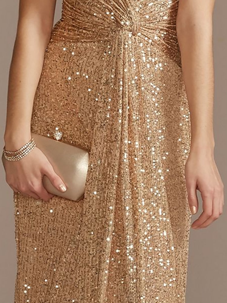 loveedsTM- New Luxury Champagne V-Neck Sequin Evening Dress Women Party Maxi Dress Beading Gowns Long Prom Cocktail Dresses