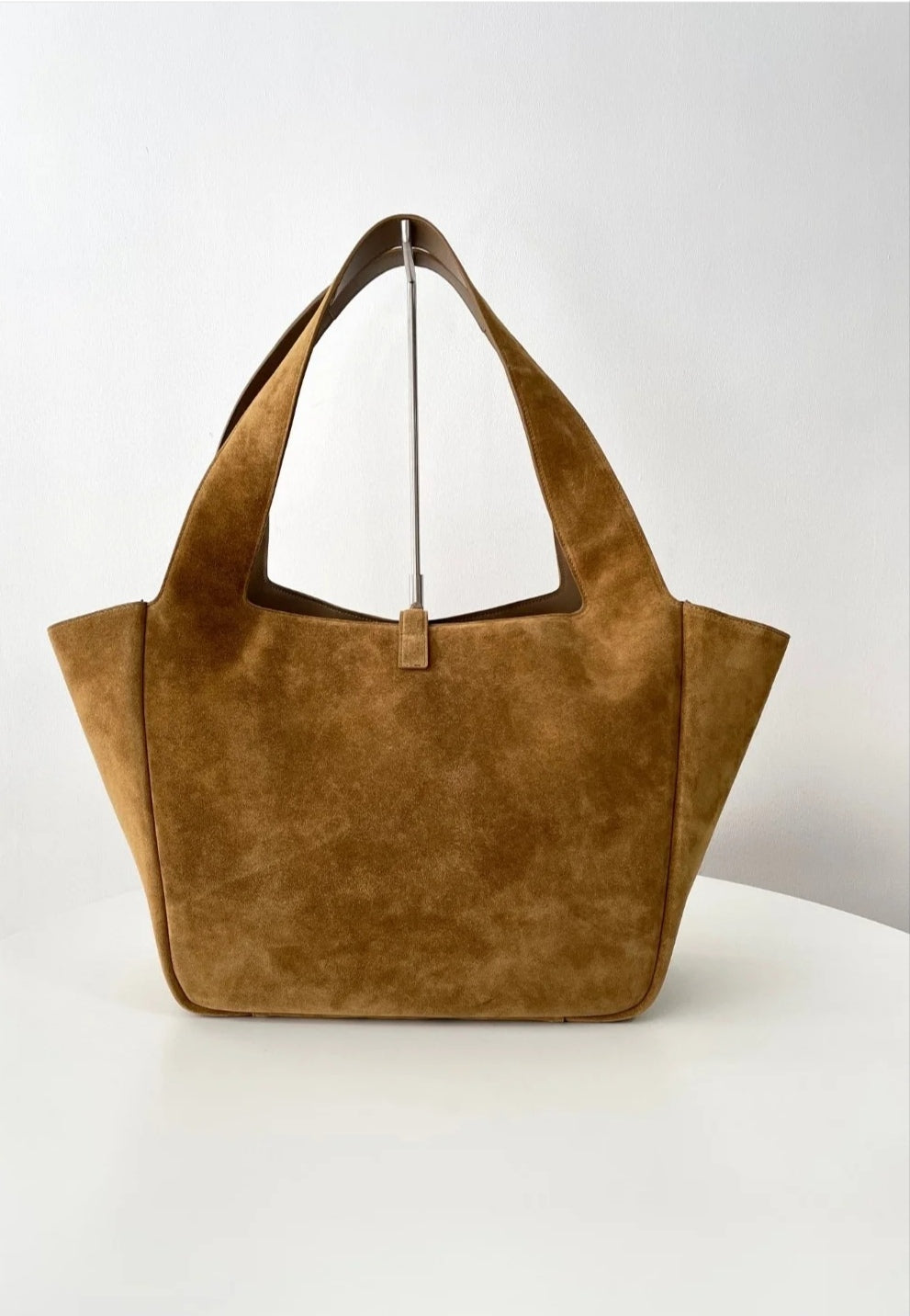 SAINT LAURENT LE5A7 Metal brand logo suede shoulder tote for women in caramel