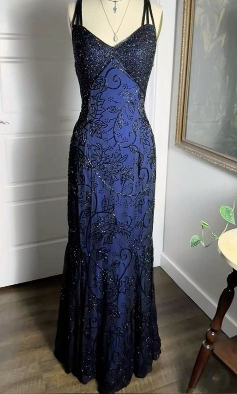 Navy Blue Shiny Elegant Exquisite Beaded Applique Straps Long Tulle Sequins Ball Gown Evening Dress Party Dress gh3189