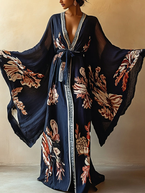 Dark Blue Cotton And Linen Printed Robe Dress