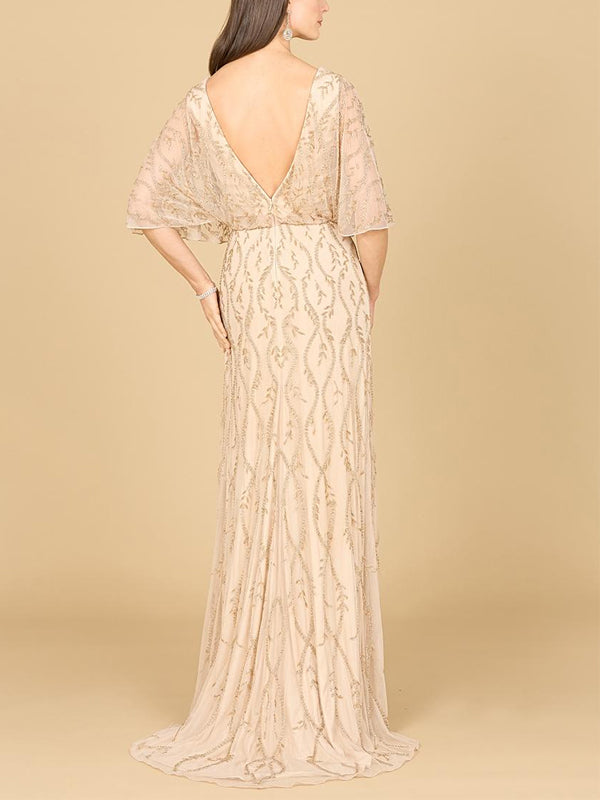 V-Neck Sequin Print Long Sleeves Maxi Dress