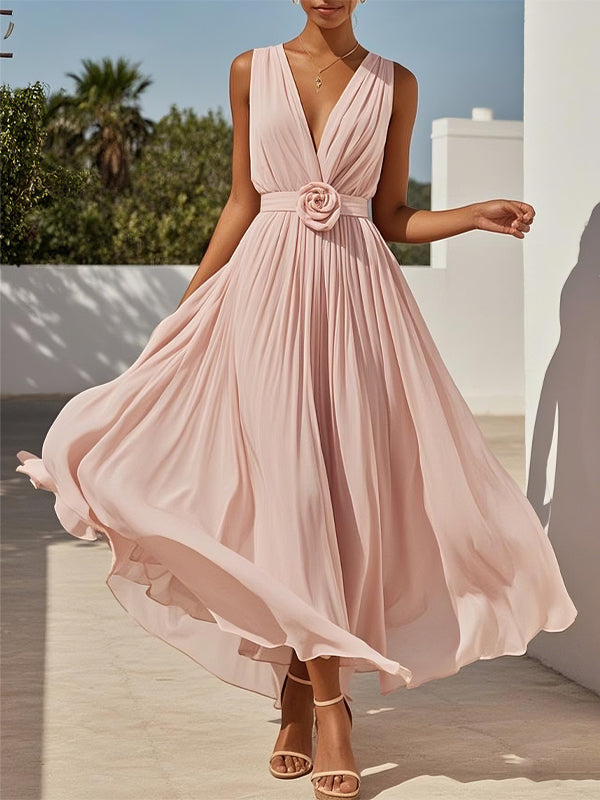 V-neck Solid Color Sleeveless Maxi Dress