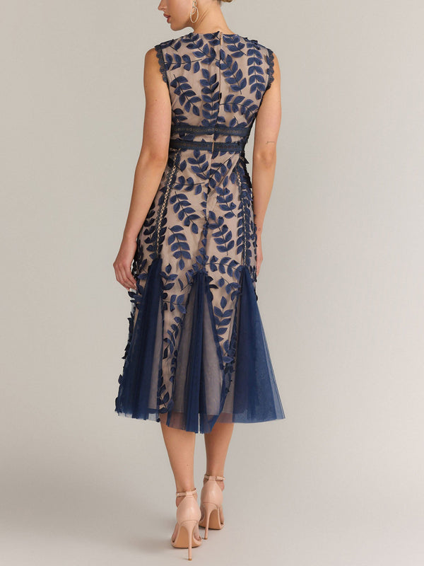 Round Neck Lace Mesh Midi Dress