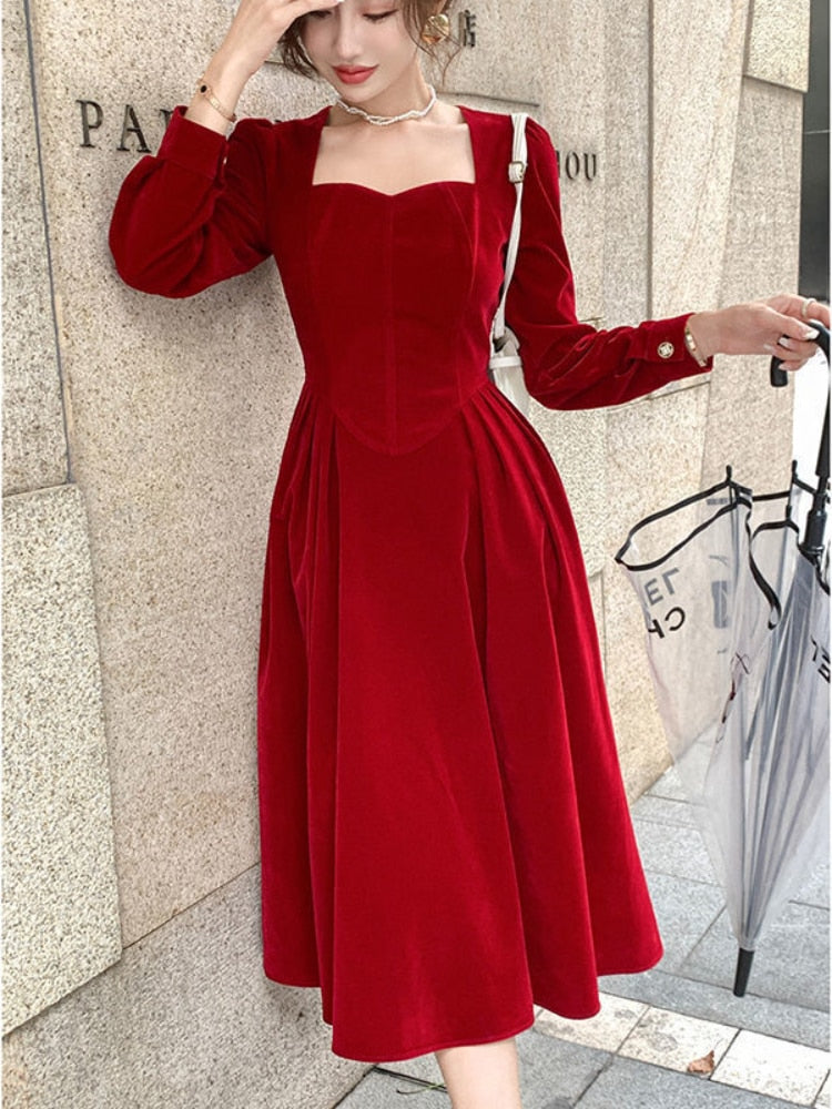 loveedsTM- France Vintage Dress Women Autumn Winter Solid Retro Elegant Evening Party Midi Dress Long Slevee Korean Style Dress Fairy