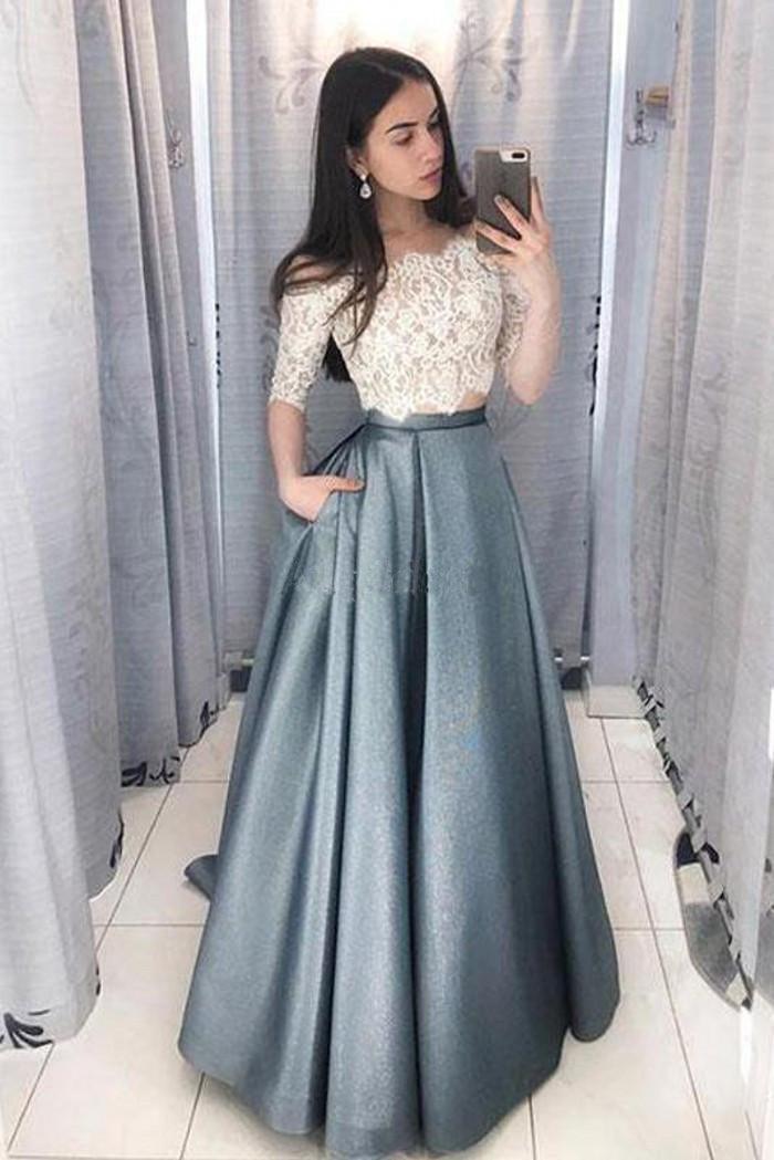 A-line Two Piece Off the Shoulder Half Sleeves Prom Dress With Lace Top PG969