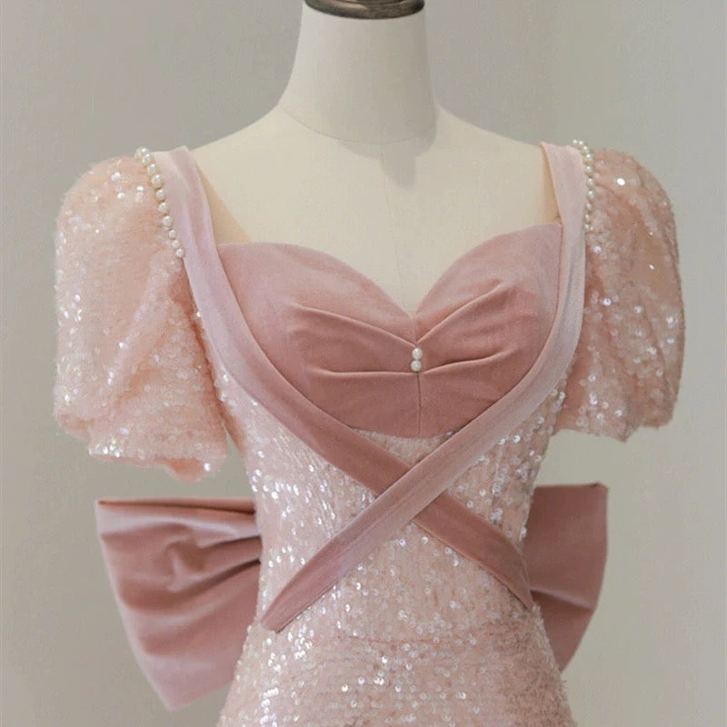 Princess A line Pink Short Sleeves Sequin Long Prom Dresses P1007