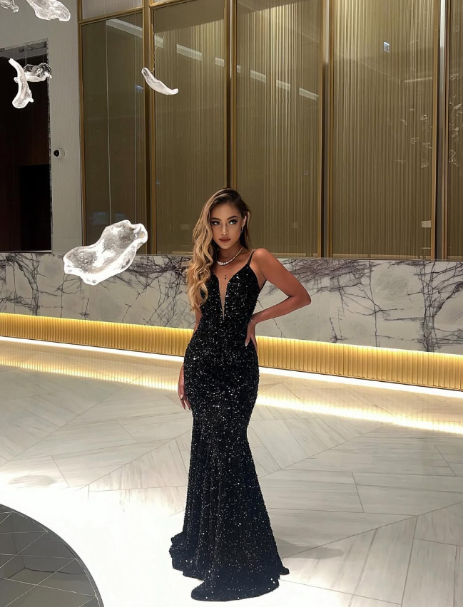Unique Mermaid Spaghetti Strap Black Sequin Open Back Long Sweep Prom Dress SH2331