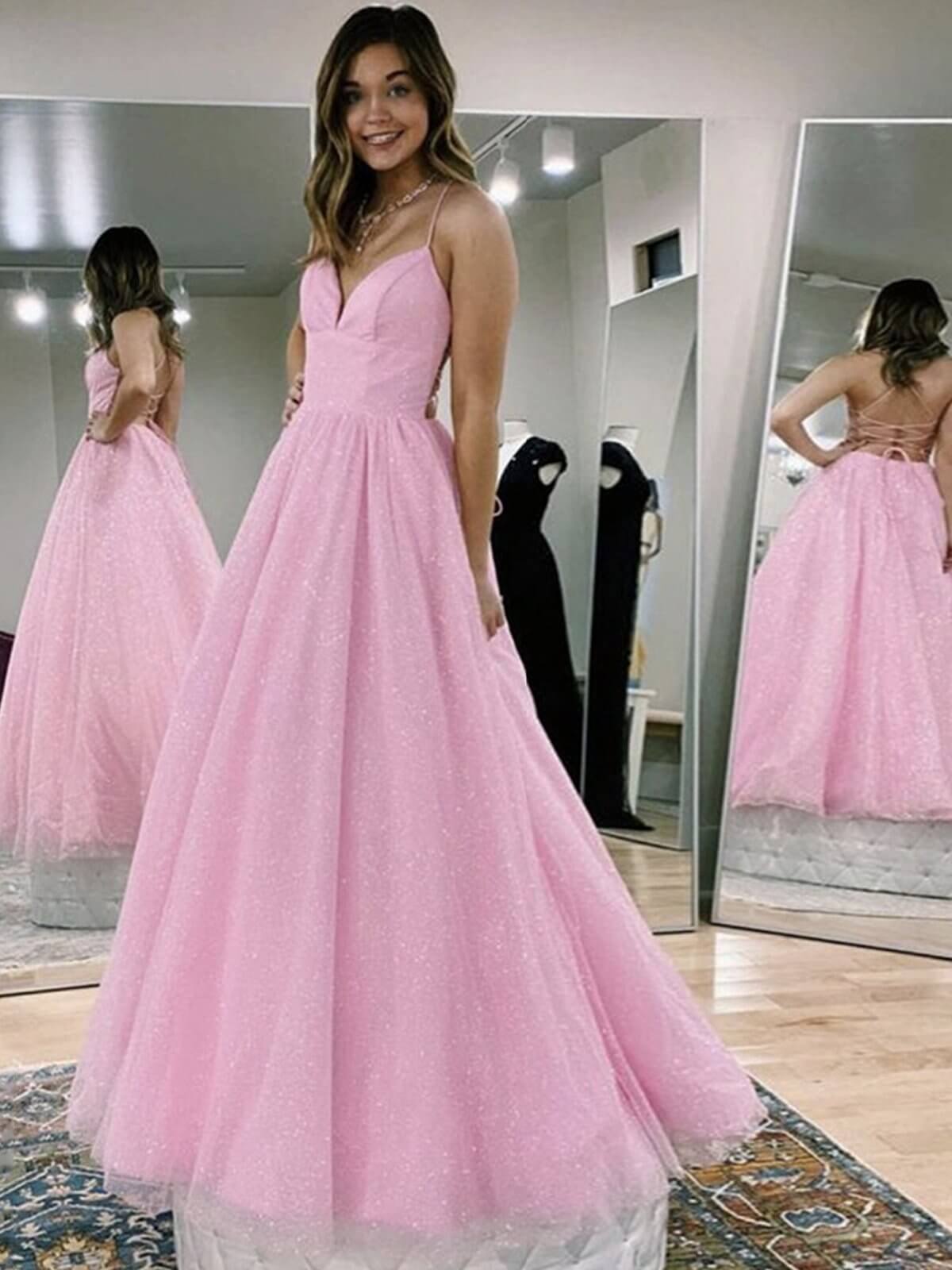 A Line Pink Long Prom Dresses,Formal Dresses Backless V-neck Evening Dresses