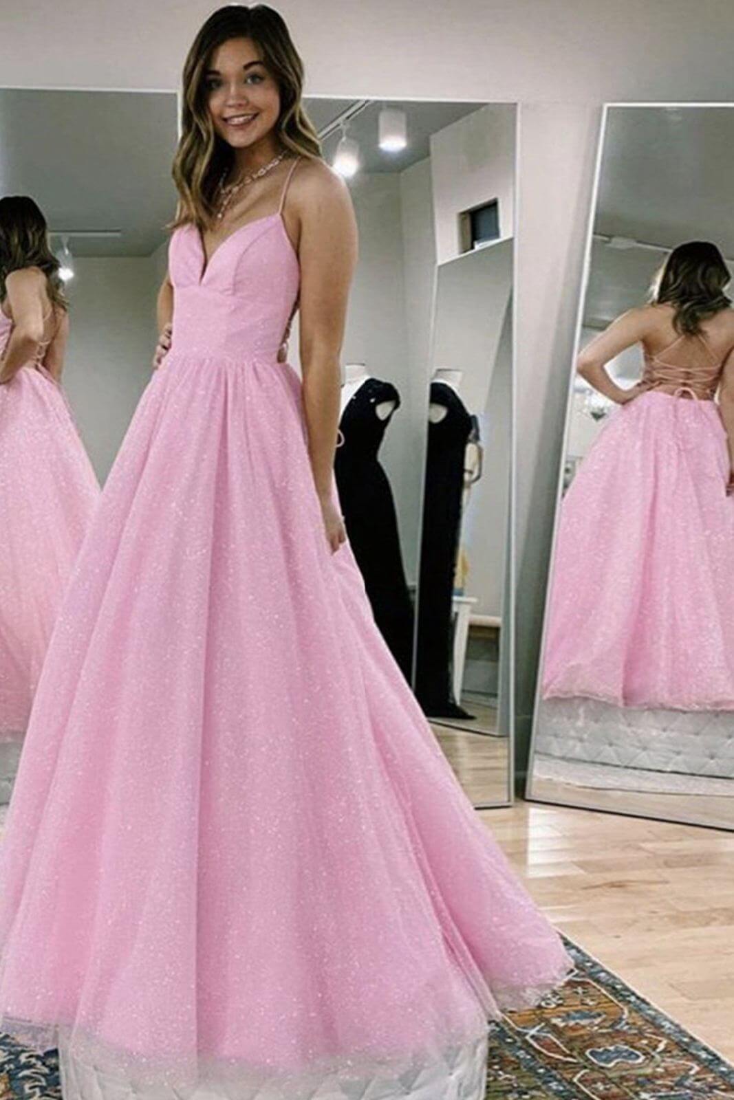 A Line Pink Long Prom Dresses,Formal Dresses Backless V-neck Evening Dresses