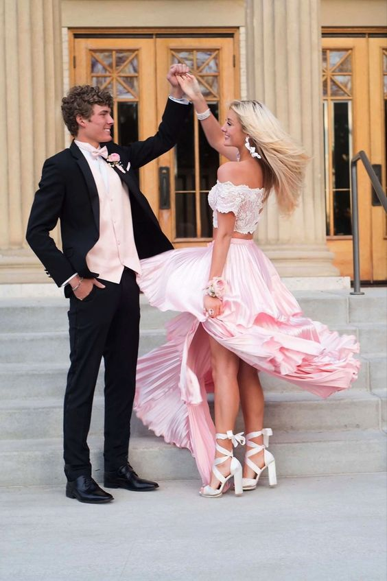 Vintage Pink Off The Shoulder Lace Satin Two Pieces Prom Dress SH1050