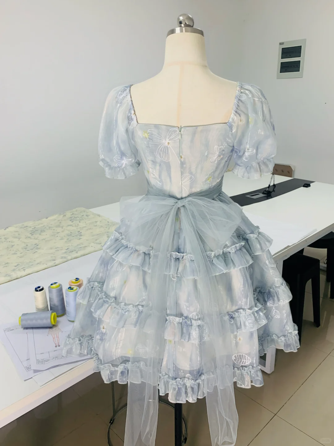 Cute Blue Square Neck Chiffon Print Floral Ruffles A Line Homeocming Dress Princess Bithday Outfits S903