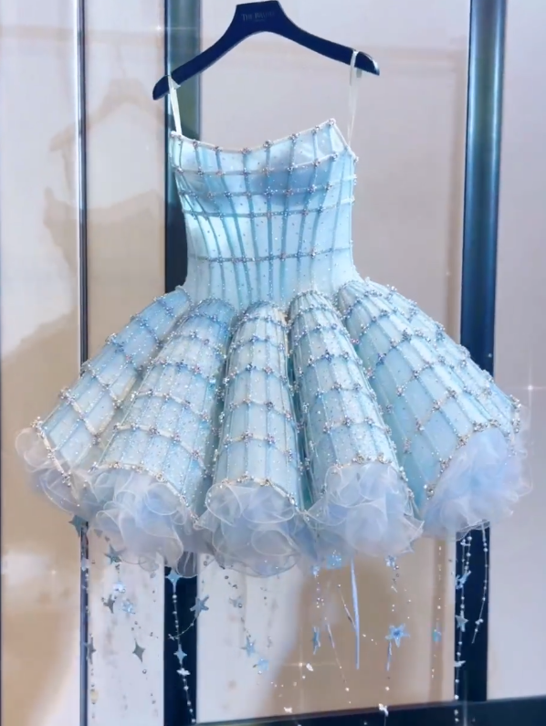Fantasy Blue Tulle Beaded Short Birthday Dress A Line Homecoming Dress S357