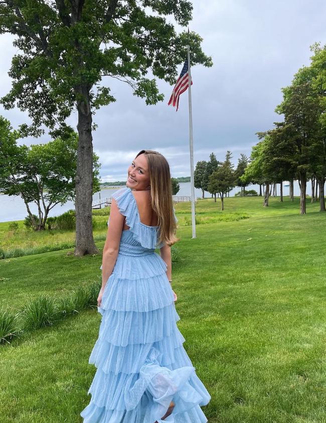 Fairy Sky Blue Sequare Neck Tiered Tulle Evening Dress Long Prom Dress SH1053