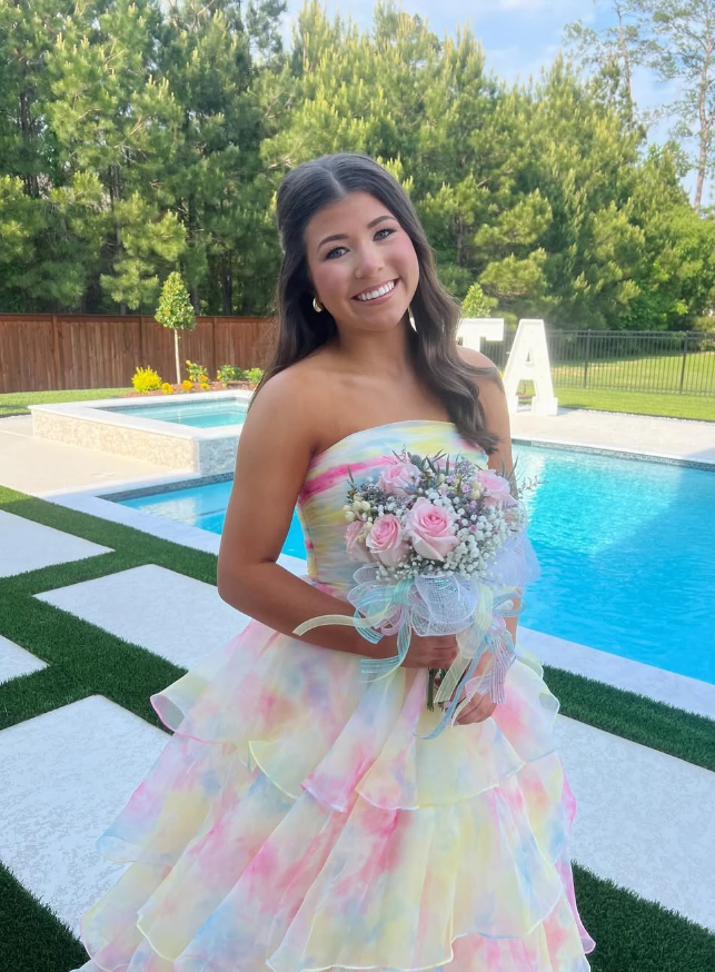 Unique A Line Strapless Tiered Chiffon Long Prom Dress Evening Dress SH2305