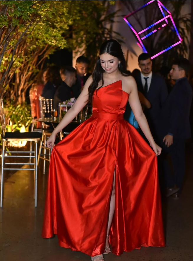Charming A Line Strapless Red Satin Long Prom Dress Evening Dress SH2294