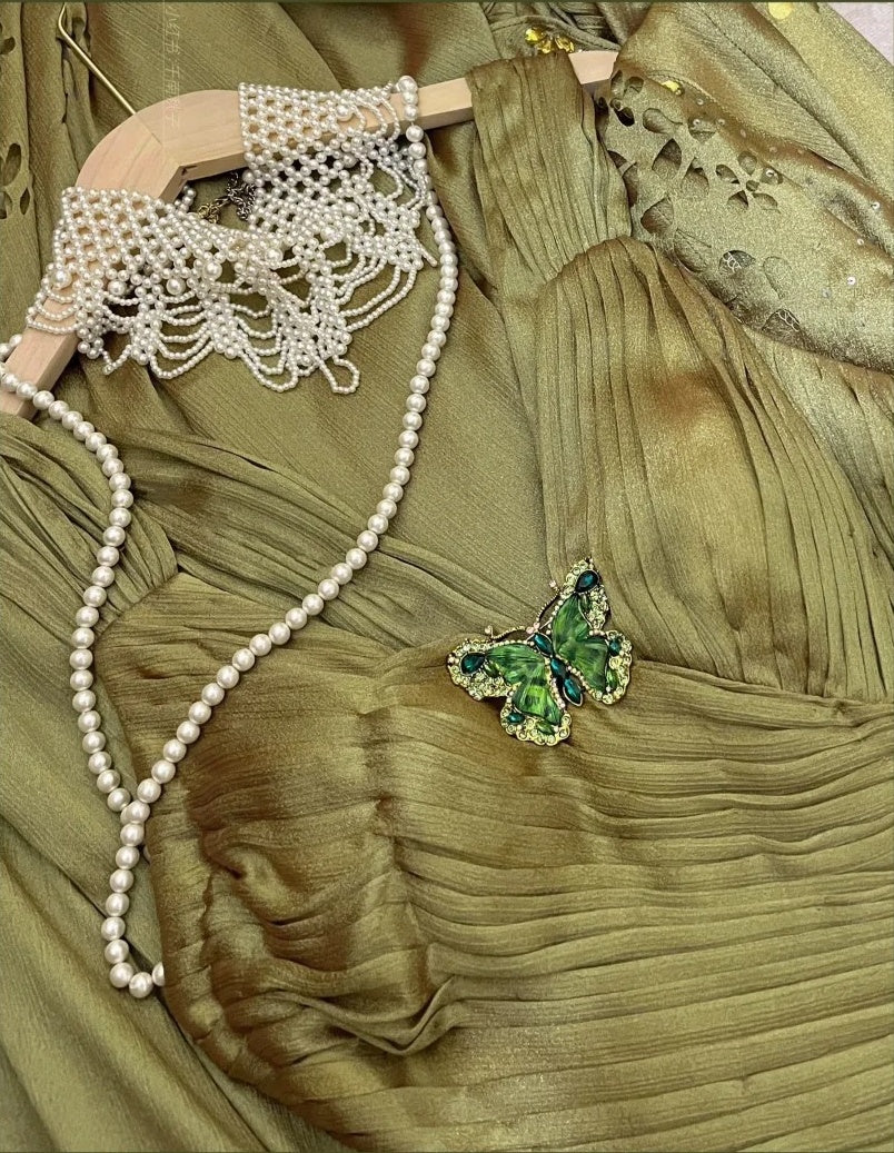 Green Vintage Elegant Butterfly Fashion Long Ruffled Satin Prom Dress Evening Gown Graduation Gown gh4258