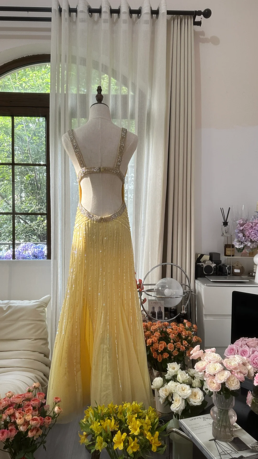 Light Yellow Gorgeous Shiny Fashion Elegant Exquisite Beaded Long Tulle Backless Fairy Ball Gown Evening Dress Birthday/Wedding Guest/Holiday Party Dress Prom Dress Valentine's Day Date Dress gh4034
