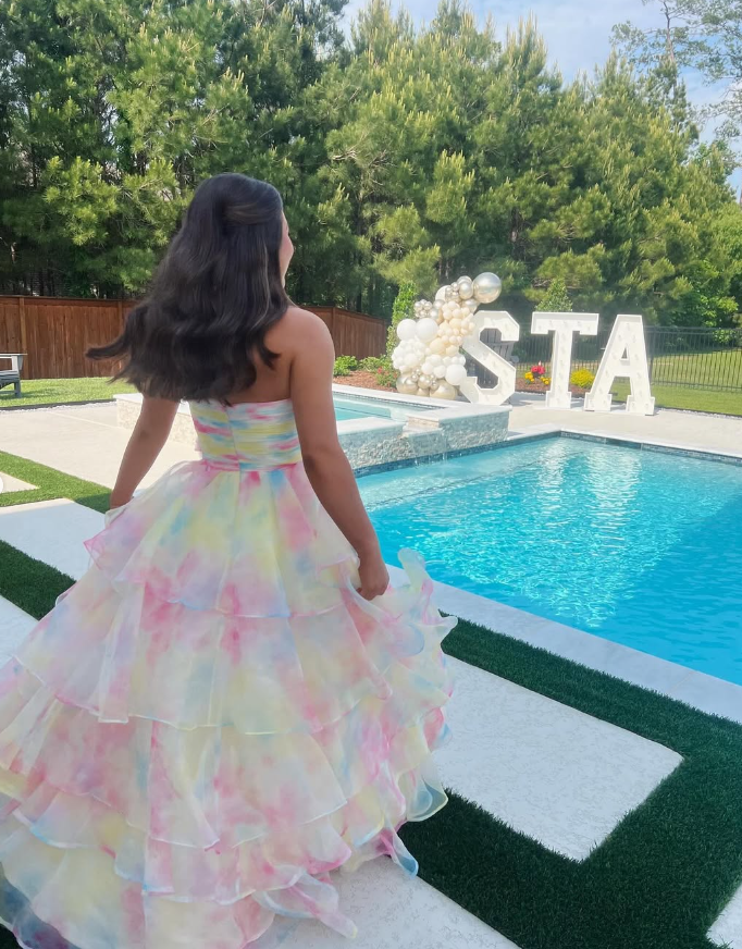 Unique A Line Strapless Tiered Chiffon Long Prom Dress Evening Dress SH2305