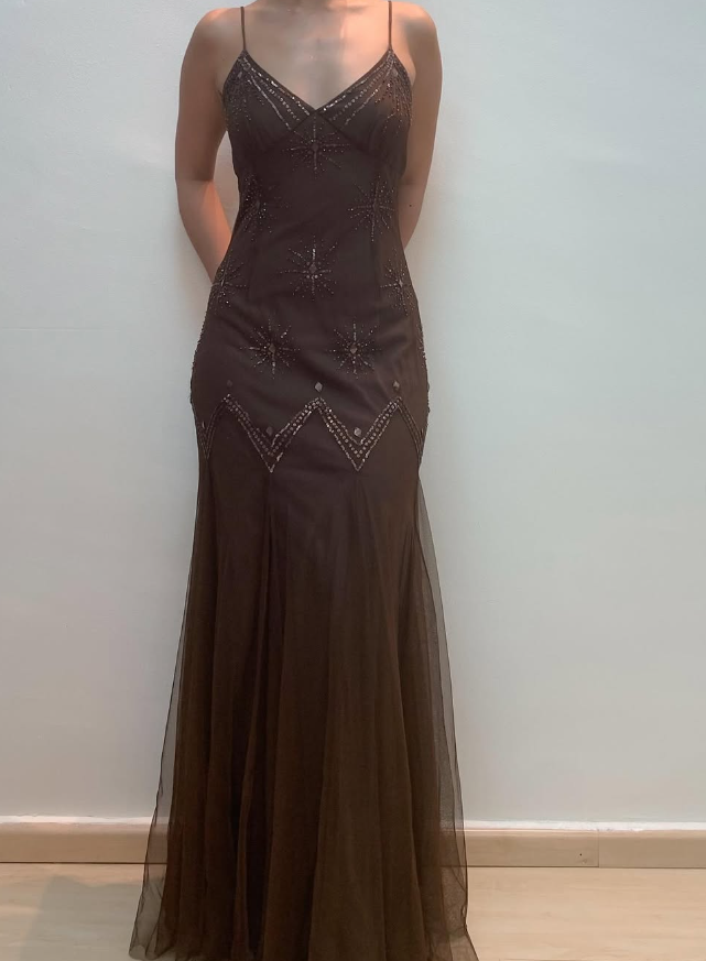 Vintage Mermaid Spaghetti Strap Sequins Brown Chiffon Prom Dress Evening Dress SH2185