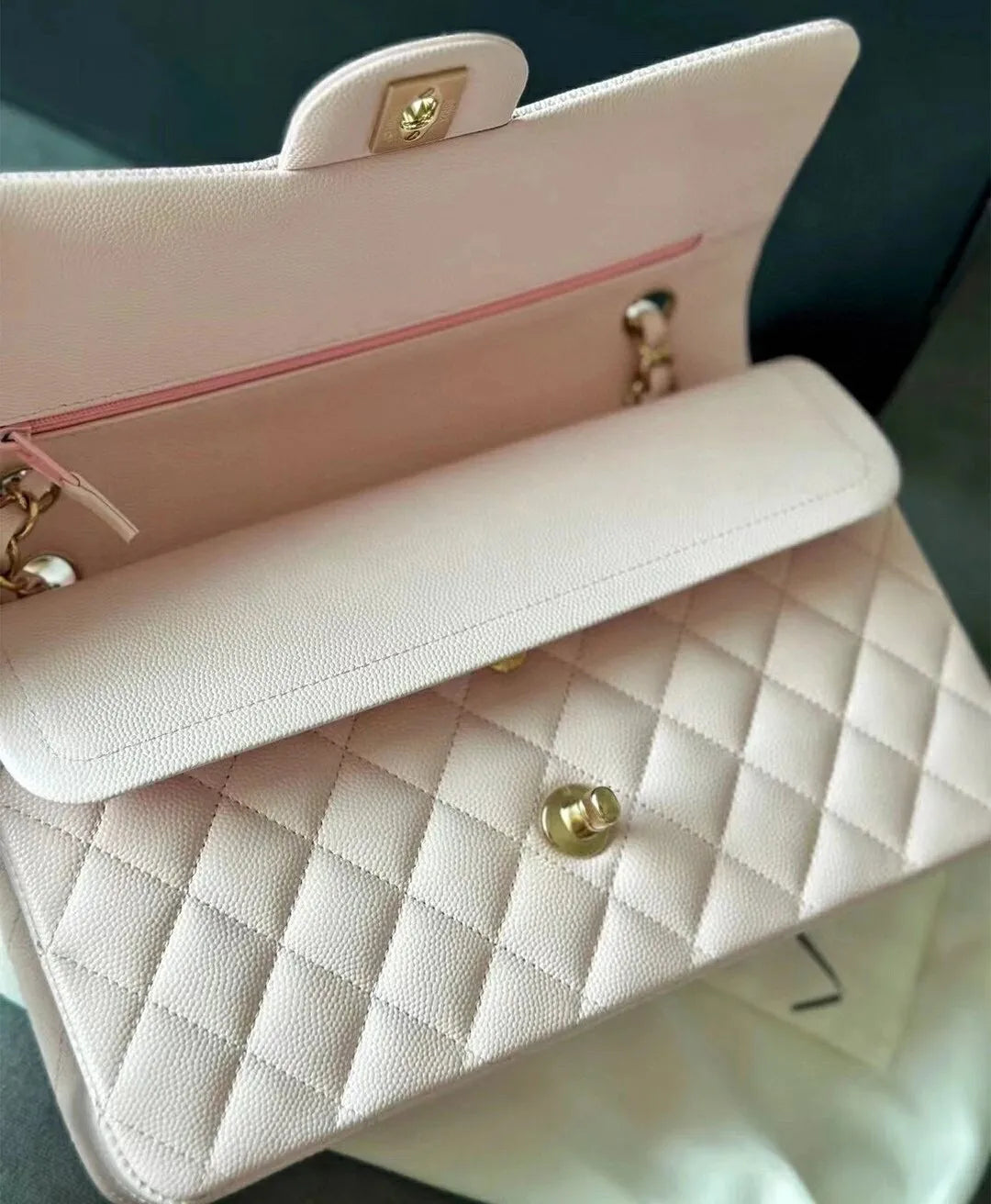CHANEL Caviar Quilted Medium Double Flap Light Pink
